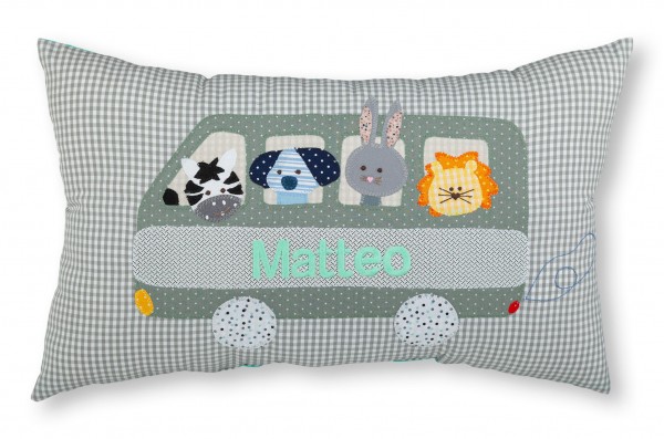 Crepes Suzette Namenskissen Bus mit Tieren