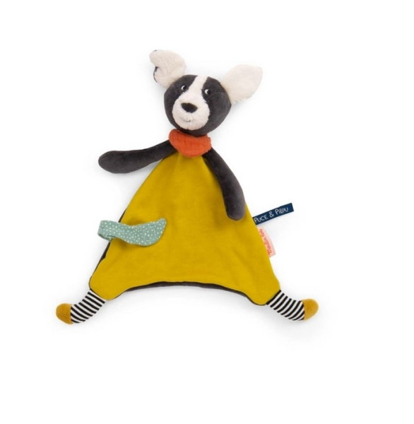 Moulin Roty Puce and Pilou Schmusetuch Hund Puce gelb mit Schnullerhalter
