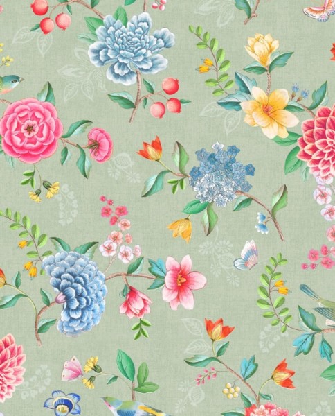 Pip Studio 5 Vliestapete Grün mit bunten Blumen