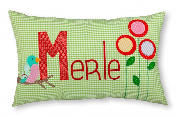 Crepes Suzette Namenskissen Vögelchen und Blumen hellgrün