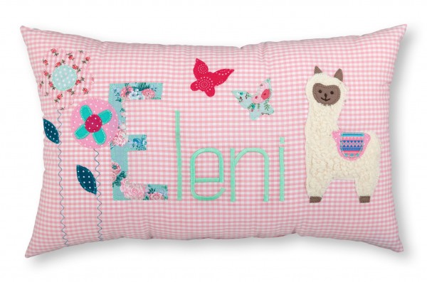 Crepes Suzette Namenskissen rosa Lama und Blumen