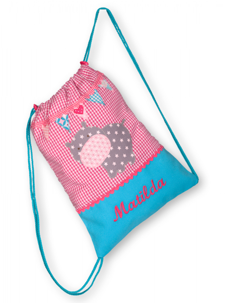 Crepes Suzettes Turnbeutel mit Namen bestickt Nilpferd