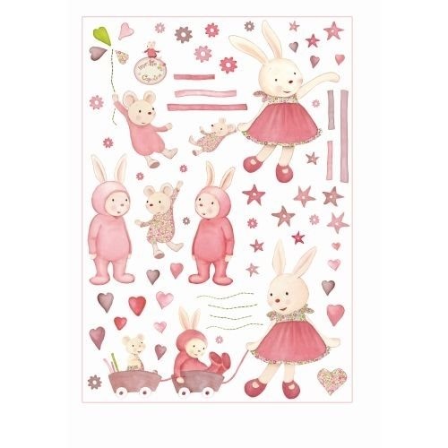 Moulin Roty Wandstickerset Hasen und Mäuse rosa Wandsticker RAUMGESTALTUNG