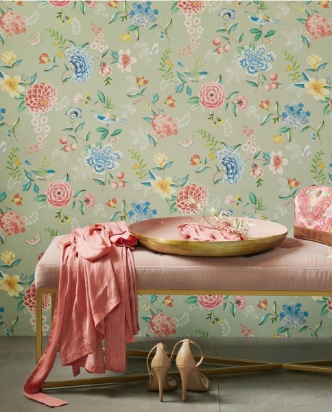 Pip Studio 5 Vliestapete Grün mit bunten Blumen