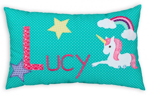 Crepes Suzette Namenskissen Einhorn türkis