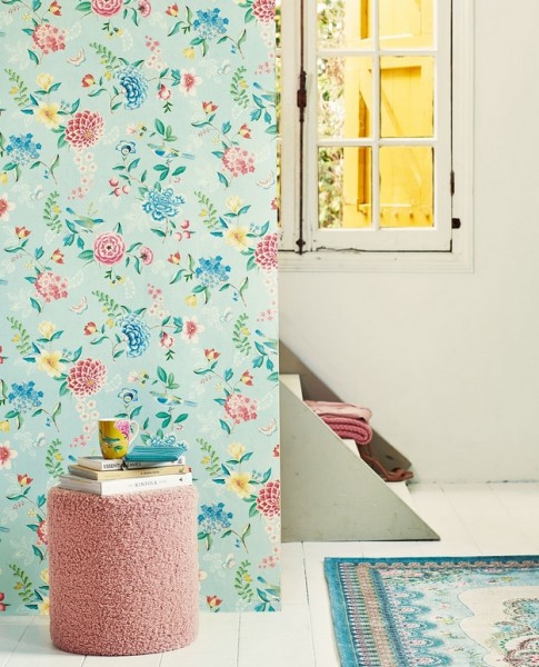 Pip Studio 5 Vliestapete Blau mit bunten Blumen