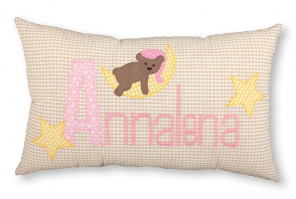 Crepes Suzette Namenskissen Schlafbär beige kariert