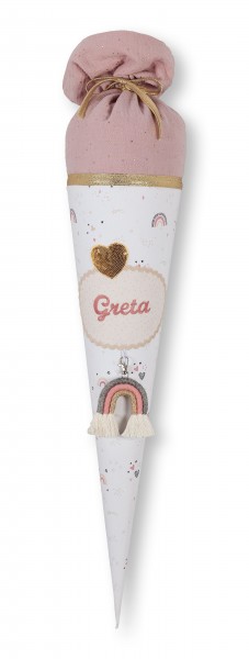 Crepes Suzette Schultüte mit Namen Regenbogen Naturfarben Gold