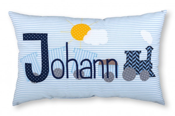 Crepes Suzette Namenskissen Lokomotive hellblau Johann